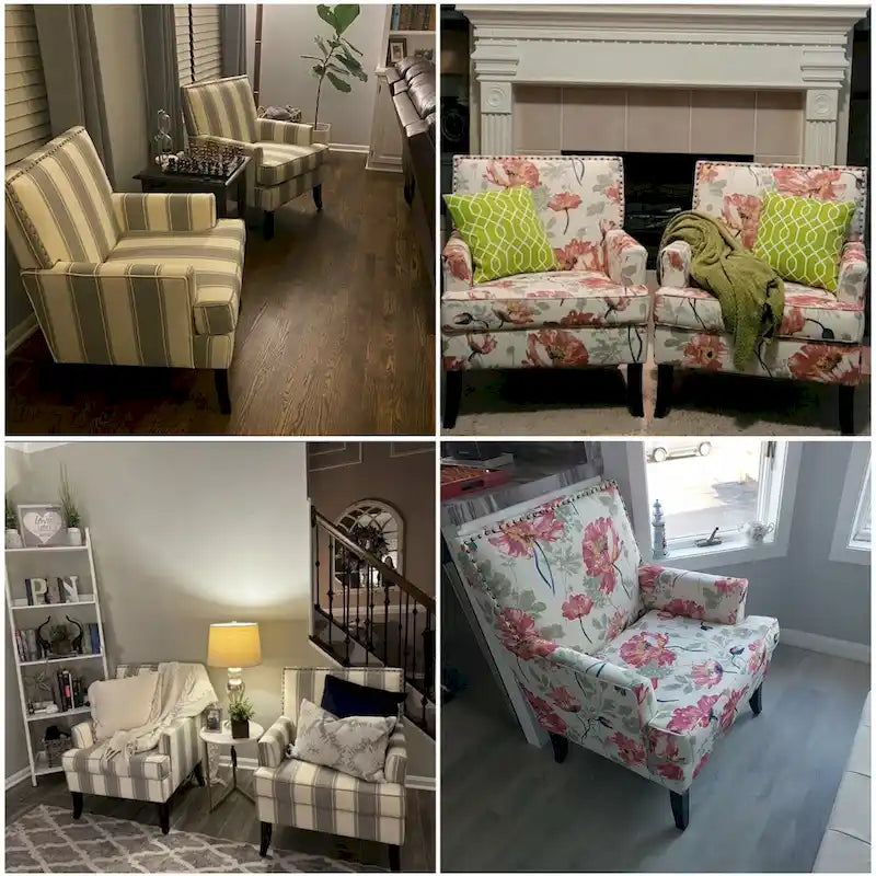 Fauteuil d'appoint Club Chair en lin, garni de clous décoratifs et doté de pieds en bois, orné de rivets.