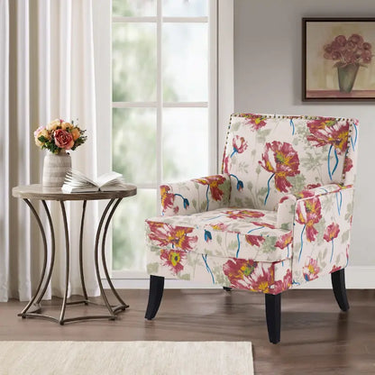 Fauteuil d'appoint Club Chair en lin, garni de clous décoratifs et doté de pieds en bois, orné de rivets.