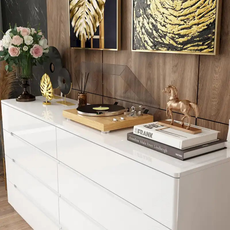 Commode brillante de 63 pouces avec commode claire, 8 tiroirs et grand plateau
