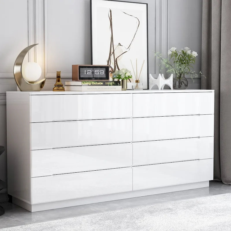 Commode brillante de 63 pouces avec commode claire, 8 tiroirs et grand plateau