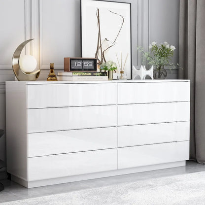 Commode brillante de 63 pouces avec commode claire, 8 tiroirs et grand plateau