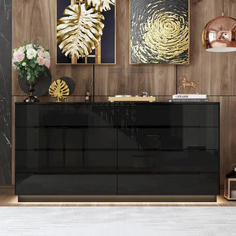 Commode brillante de 63 pouces avec commode claire, 8 tiroirs et grand plateau