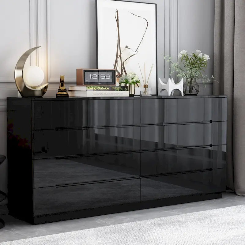 Commode brillante de 63 pouces avec commode claire, 8 tiroirs et grand plateau