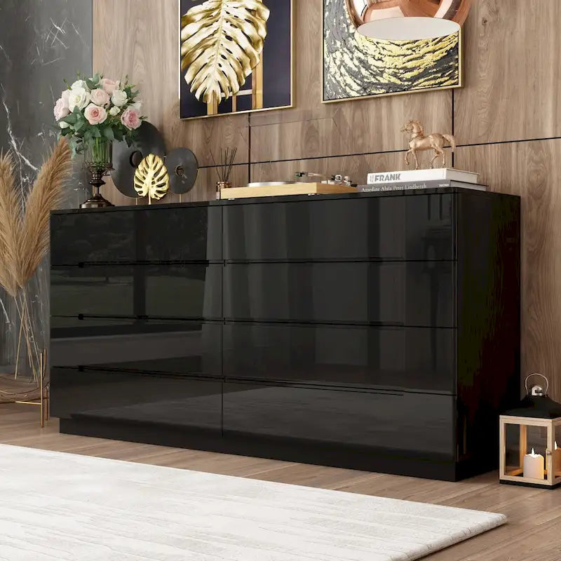 Commode brillante de 63 pouces avec commode claire, 8 tiroirs et grand plateau