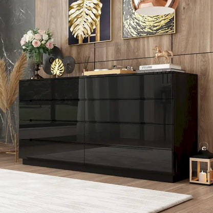 Commode brillante de 63 pouces avec commode claire, 8 tiroirs et grand plateau
