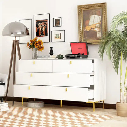 Commode double à 6 tiroirs 55,1 po L, noir et or