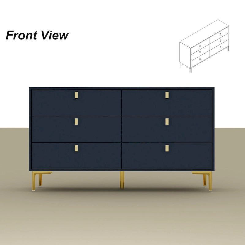 Commode double à 6 tiroirs 55,1 po L, noir et or