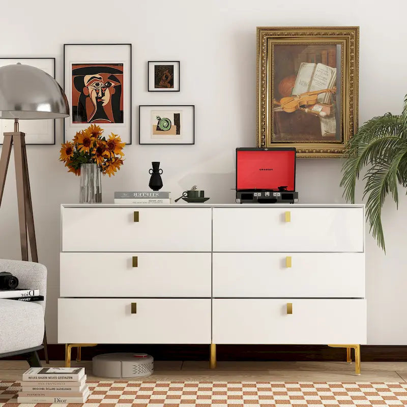 Commode double à 6 tiroirs 55,1 po L, noir et or