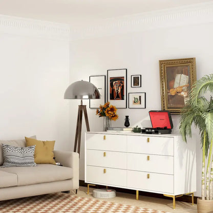 Commode double à 6 tiroirs 55,1 po L, noir et or