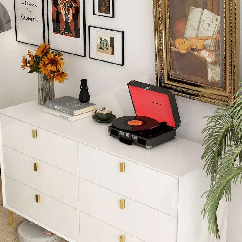 Commode double à 6 tiroirs 55,1 po L, noir et or