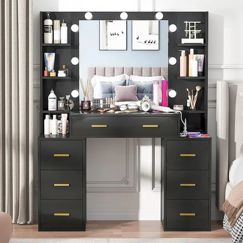 Coiffeuse 43 avec éclairage 3 couleurs, station de recharge, étagères de rangement et 7 tiroirs