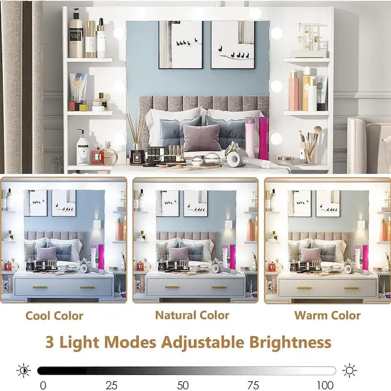 Coiffeuse 43 avec éclairage 3 couleurs, station de recharge, étagères de rangement et 7 tiroirs