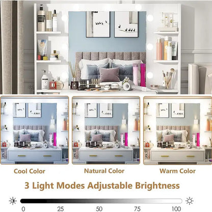 Coiffeuse 43 avec éclairage 3 couleurs, station de recharge, étagères de rangement et 7 tiroirs