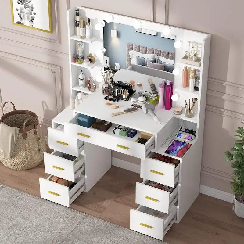 Coiffeuse 43 avec éclairage 3 couleurs, station de recharge, étagères de rangement et 7 tiroirs