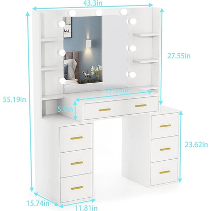 Coiffeuse 43 avec éclairage 3 couleurs, station de recharge, étagères de rangement et 7 tiroirs