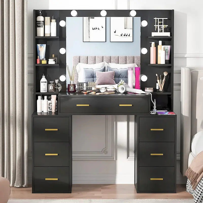 Coiffeuse 43 avec éclairage 3 couleurs, station de recharge, étagères de rangement et 7 tiroirs