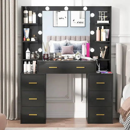 Coiffeuse 43 avec éclairage 3 couleurs, station de recharge, étagères de rangement et 7 tiroirs