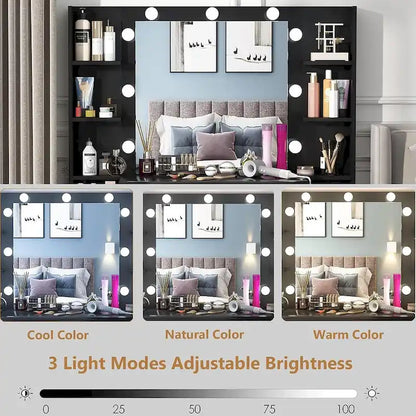 Coiffeuse 43 avec éclairage 3 couleurs, station de recharge, étagères de rangement et 7 tiroirs