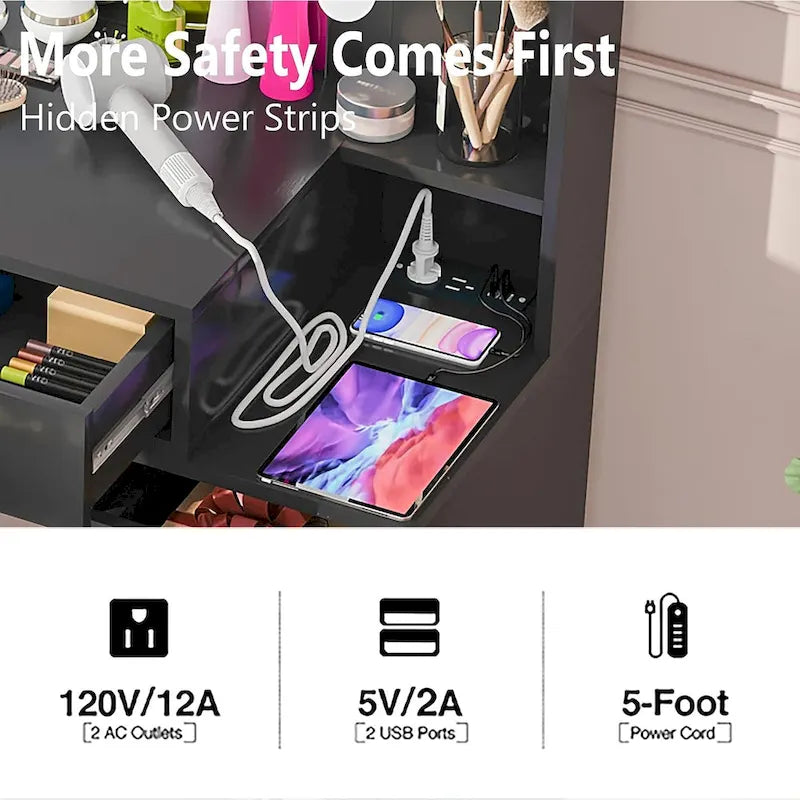 Coiffeuse 43 avec éclairage 3 couleurs, station de recharge, étagères de rangement et 7 tiroirs