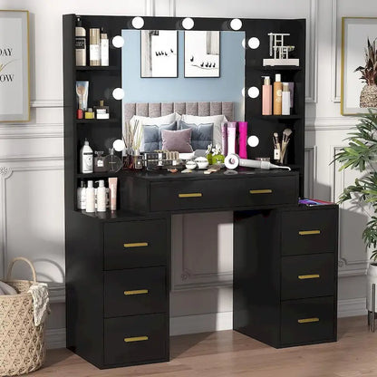 Coiffeuse 43 avec éclairage 3 couleurs, station de recharge, étagères de rangement et 7 tiroirs