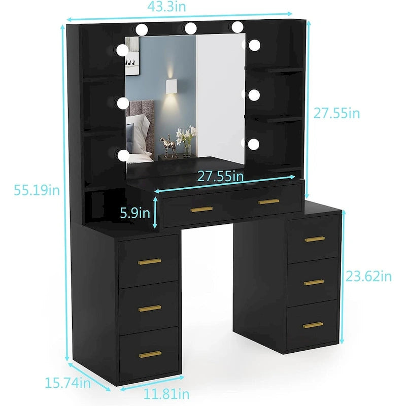 Coiffeuse 43 avec éclairage 3 couleurs, station de recharge, étagères de rangement et 7 tiroirs