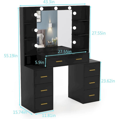 Coiffeuse 43 avec éclairage 3 couleurs, station de recharge, étagères de rangement et 7 tiroirs