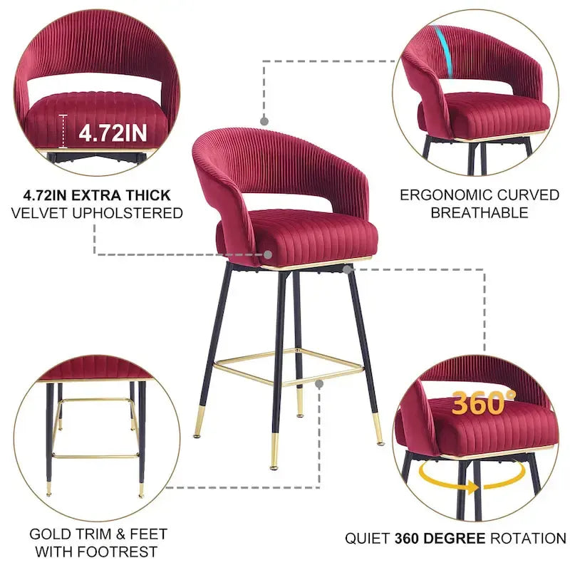 Ensemble de 2 tabourets de bar pivotants Hausfame, revêtus de velours et avec dossier - 56,4 cm L x 54,6 cm P x 101,6 cm H