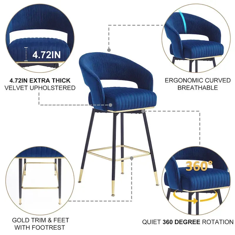 Ensemble de 2 tabourets de bar pivotants Hausfame, revêtus de velours et avec dossier - 56,4 cm L x 54,6 cm P x 101,6 cm H