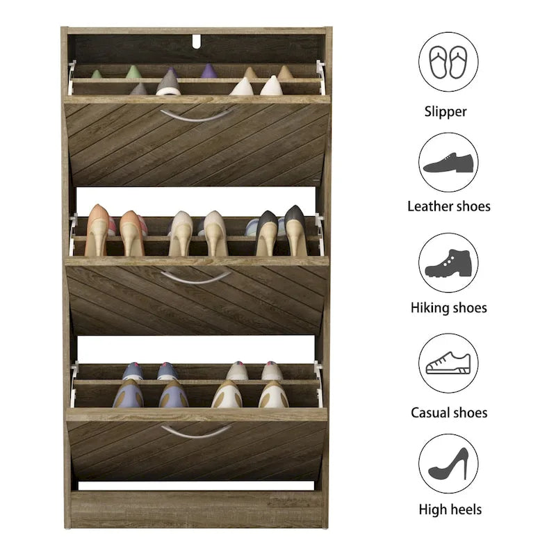 Meuble à chaussures Kerrogee pour 18 paires avec 3 tiroirs rabattables, bois/gris