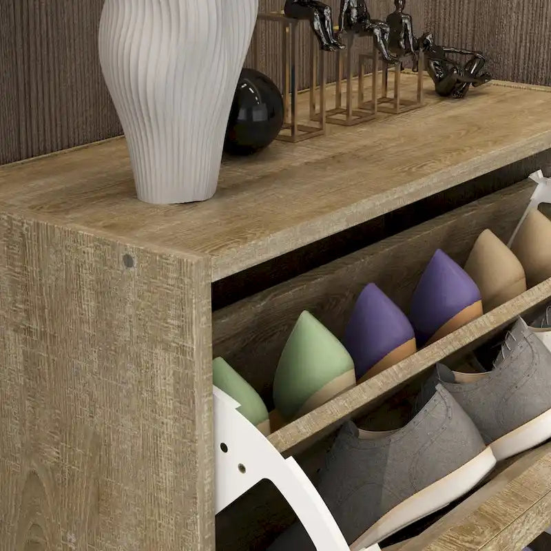 Meuble à chaussures Kerrogee pour 18 paires avec 3 tiroirs rabattables, bois/gris