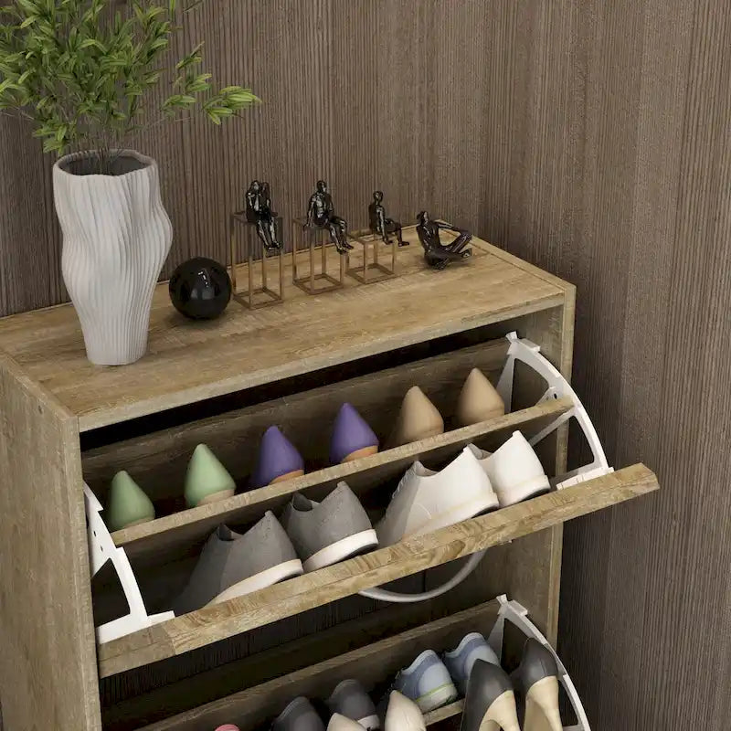 Meuble à chaussures Kerrogee pour 18 paires avec 3 tiroirs rabattables, bois/gris