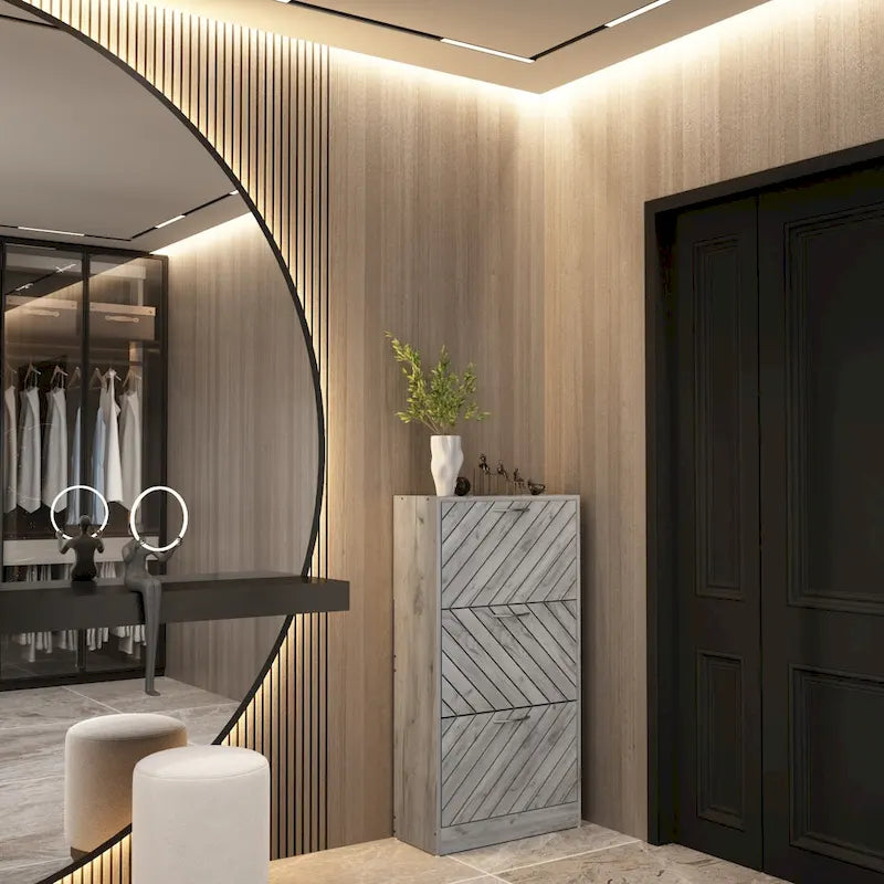 Meuble à chaussures Kerrogee pour 18 paires avec 3 tiroirs rabattables, bois/gris