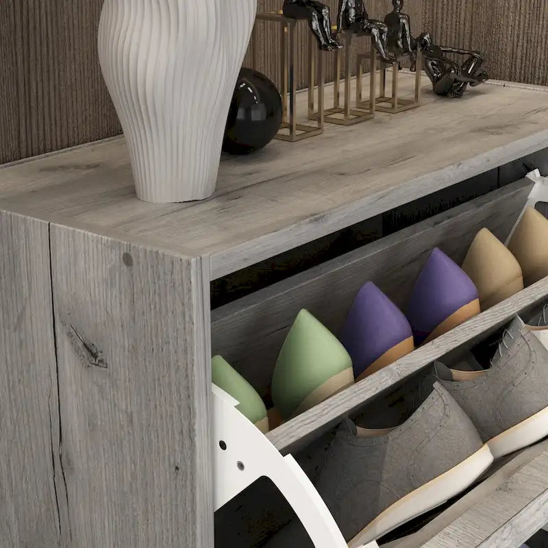 Meuble à chaussures Kerrogee pour 18 paires avec 3 tiroirs rabattables, bois/gris