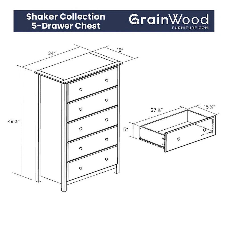 Meubles en bois massif de style Shaker, commode à 5 tiroirs.