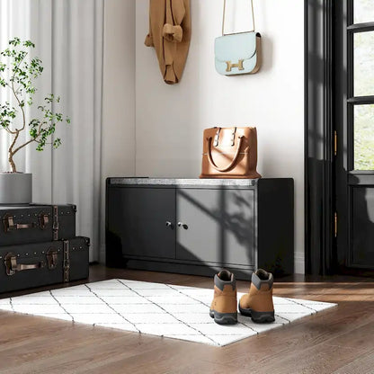 Banc de rangement pour chaussures d'entrée avec 2 portes et coussin d'assise rembourré