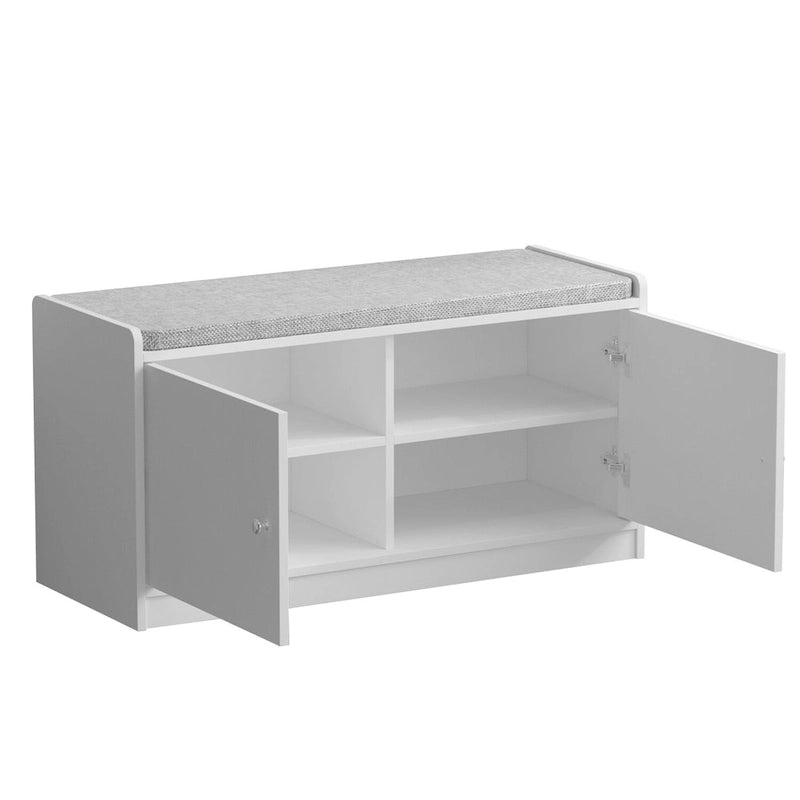 Banc de rangement pour chaussures d'entrée avec 2 portes et coussin d'assise rembourré