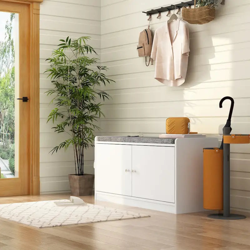 Banc de rangement pour chaussures d'entrée avec 2 portes et coussin d'assise rembourré