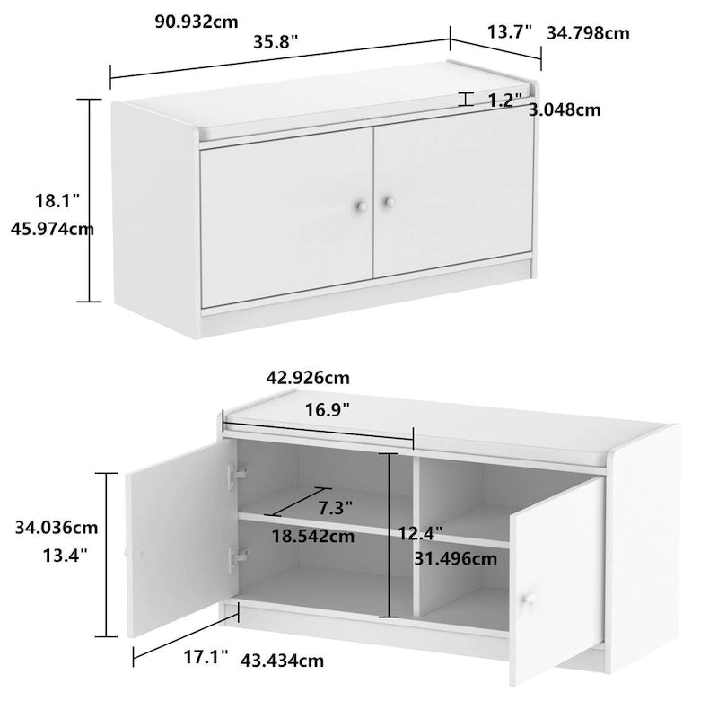 Banc de rangement pour chaussures d'entrée avec 2 portes et coussin d'assise rembourré