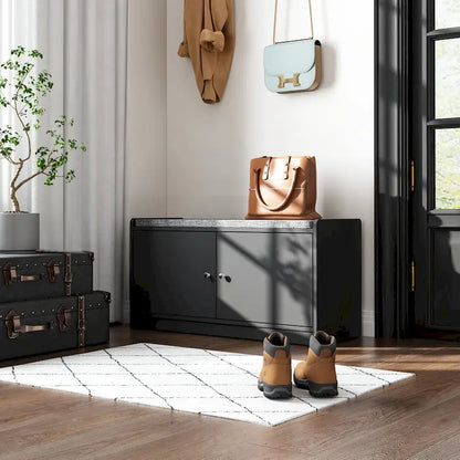 Banc de rangement pour chaussures d'entrée avec 2 portes et coussin d'assise rembourré