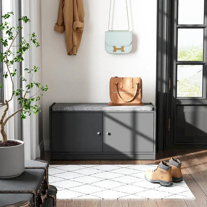 Banc de rangement pour chaussures d'entrée avec 2 portes et coussin d'assise rembourré