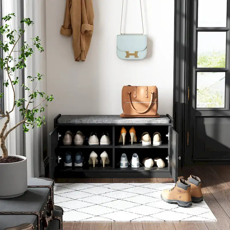 Banc de rangement pour chaussures d'entrée avec 2 portes et coussin d'assise rembourré