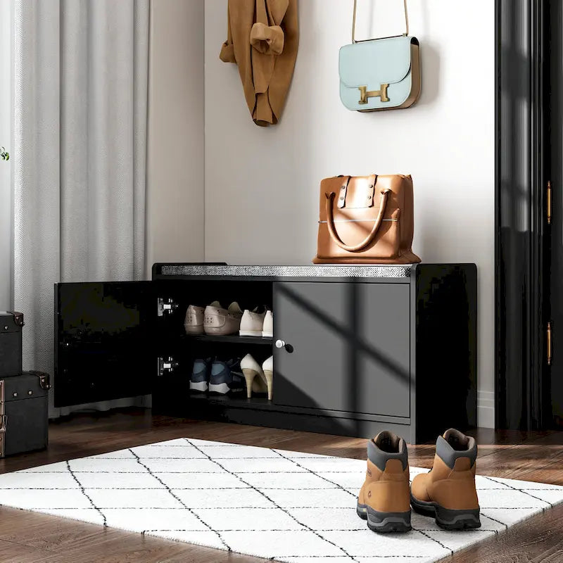 Banc de rangement pour chaussures d'entrée avec 2 portes et coussin d'assise rembourré