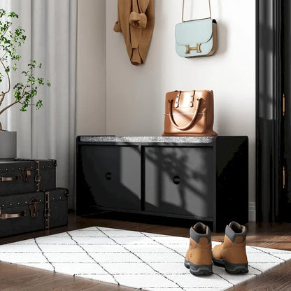 Banc de rangement pour chaussures d'entrée avec 2 portes et coussin d'assise rembourré