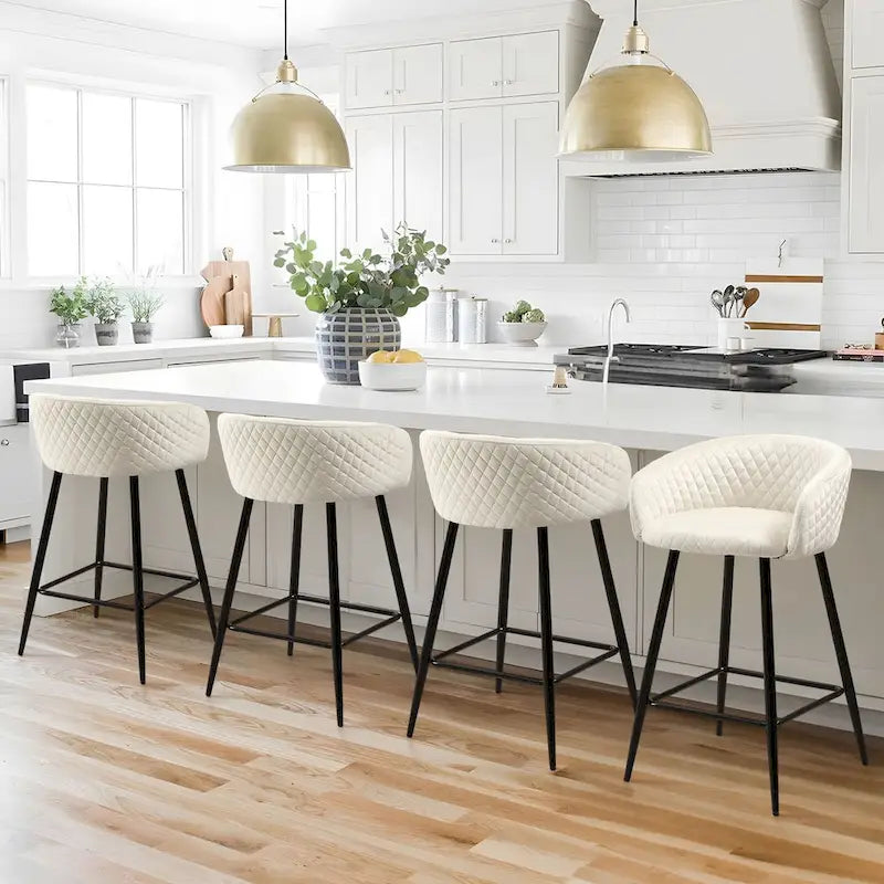 Tabourets de bar hauts, revêtus de velours, avec accoudoirs et pieds en métal - 86 cm (H) x 51 cm (L) x 53 cm (P)