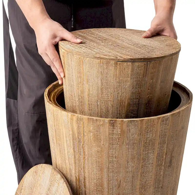 Tables d'appoint gigognes COZAYH style ferme, ensemble de tables d'appoint rustiques et peu encombrantes avec rangement, finition naturelle vieillie