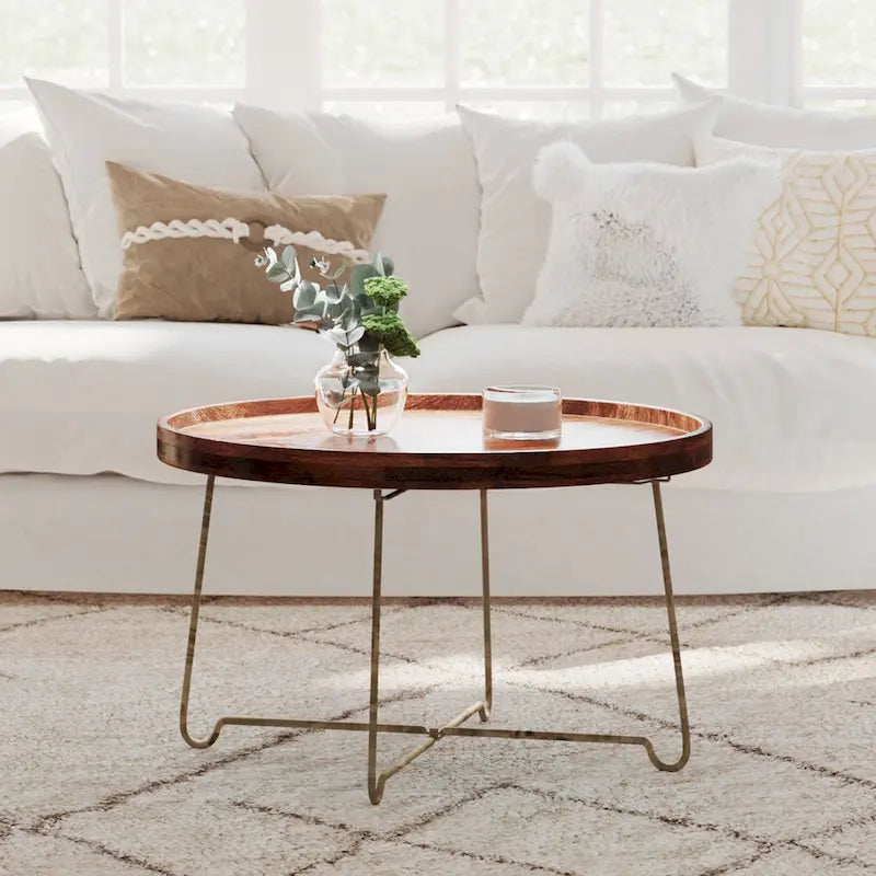 Round Natural Wood And Gold Iron Coffee Table by East at Main