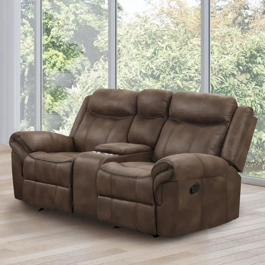 Verne Brown Manual Microsuede Glider Reclining Loveseat with Center Storage Console