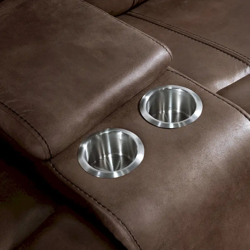 Canapé inclinable deux places Verne Brown en microfibre suédée avec console de rangement centrale