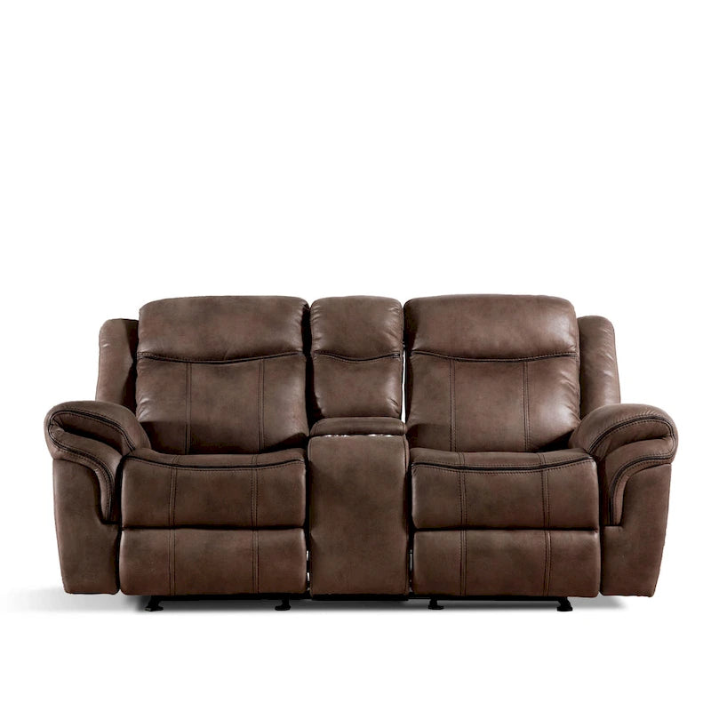 Canapé inclinable deux places Verne Brown en microfibre suédée avec console de rangement centrale