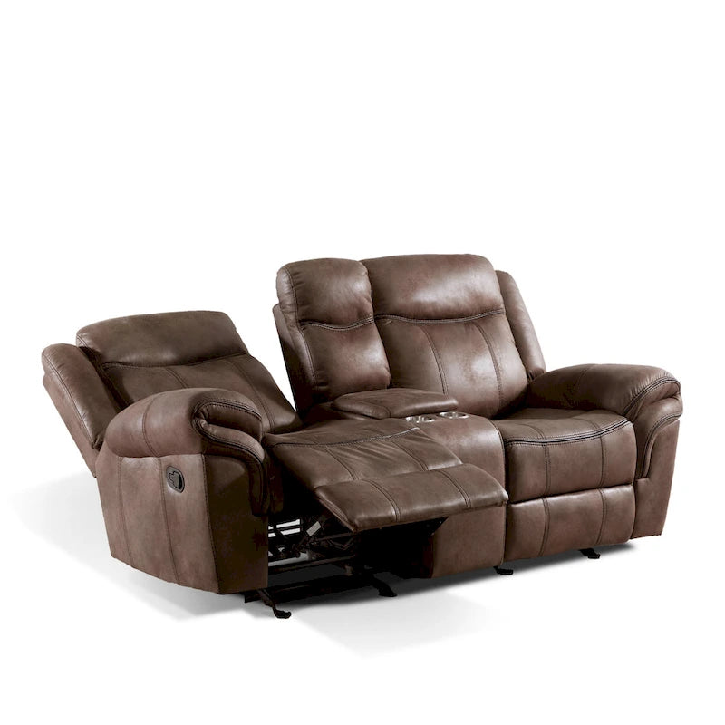 Canapé inclinable deux places Verne Brown en microfibre suédée avec console de rangement centrale